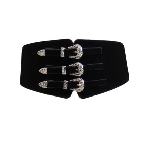 13cm Black Triple Western Buckle Suede Elasticated Waist Belt