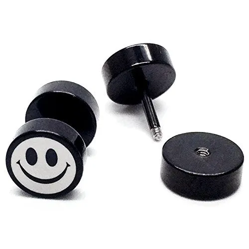 2 Black White Smiling Face Stud Earrings for Men Women, Cheater Fake Ear Plug Gauges Illusion Tunnel