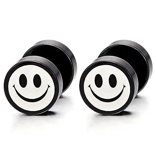 2 Black White Smiling Face Stud Earrings for Men Women, Cheater Fake Ear Plug Gauges Illusion Tunnel