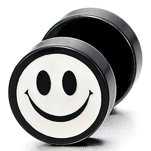 2 Black White Smiling Face Stud Earrings for Men Women, Cheater Fake Ear Plug Gauges Illusion Tunnel