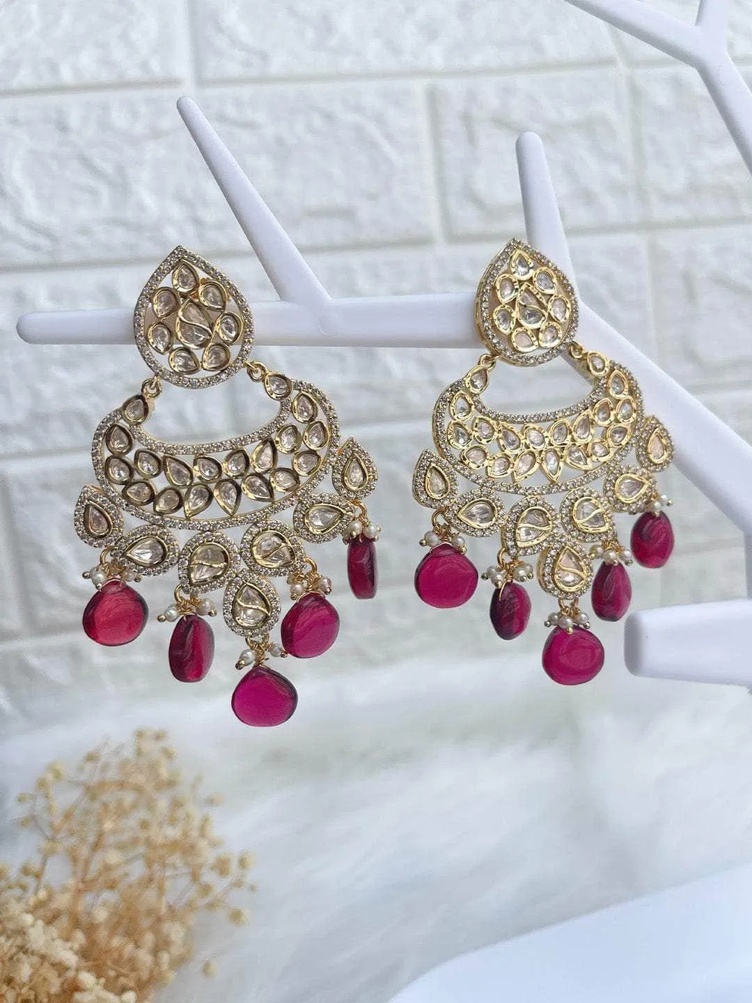 Antique Chandballi Polki Earrings Pink