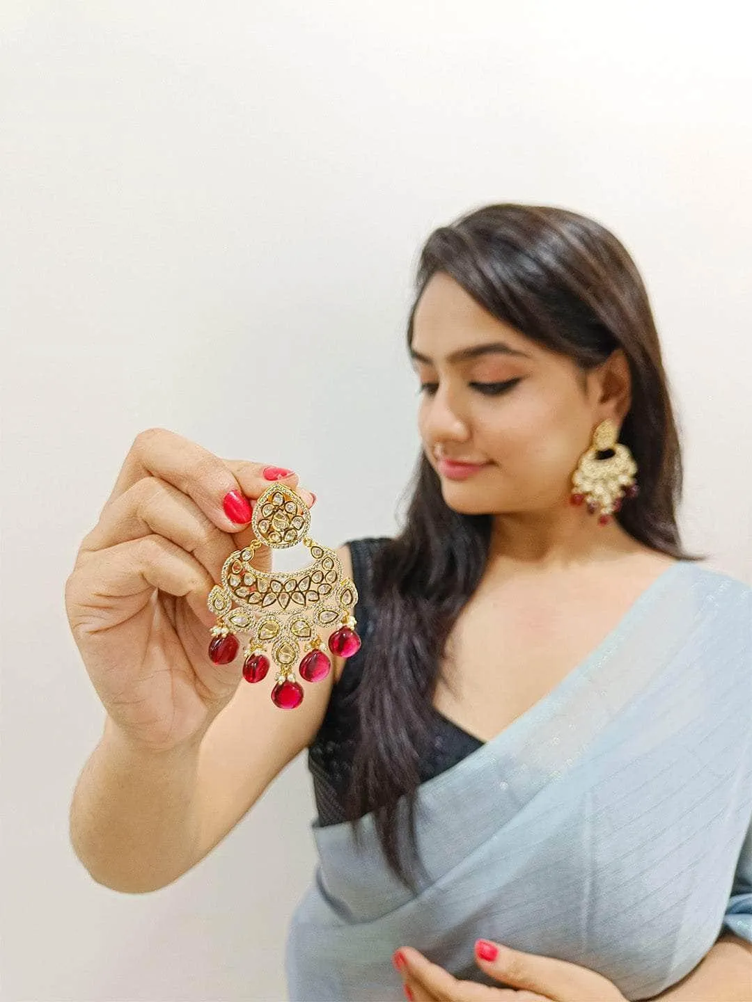 Antique Chandballi Polki Earrings Pink