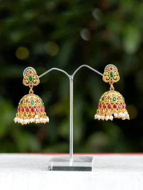 Antique Jhumkas With Kemp Stone And Pearl Hangings