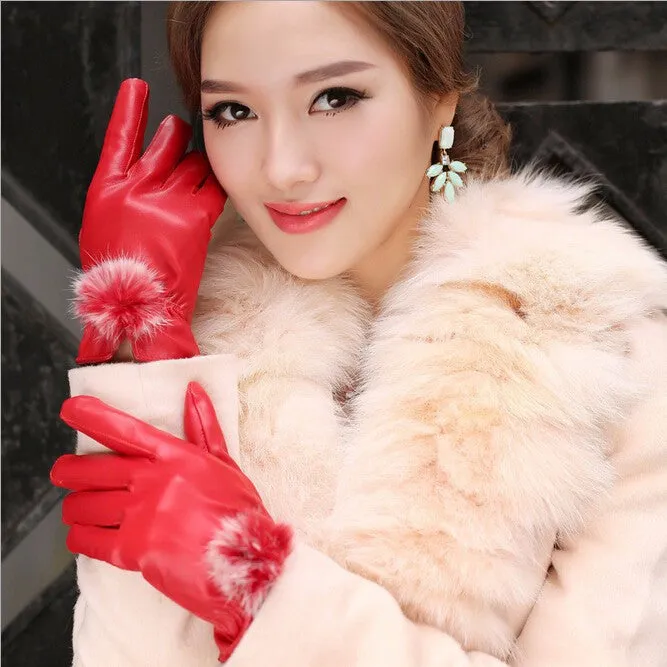 Beautiful Ribbit Fur Ball Leather Gloves for Winter Gloves Brand Mitten luvas Women Gloves female gloves