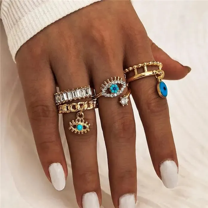 Bohomia Evil Eye Crystal Geometric Eyes Shaprd Rings - Set Of 4