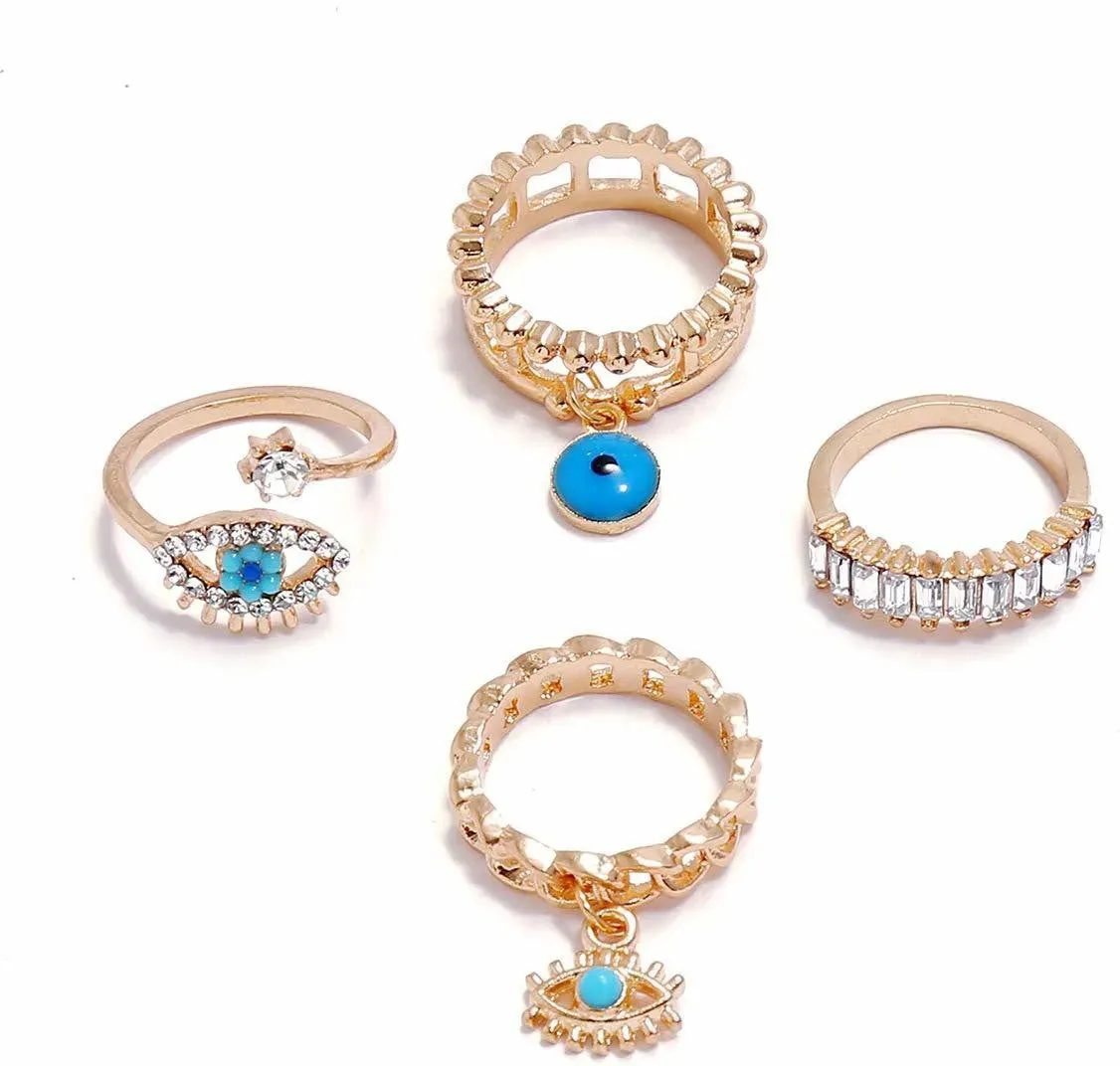 Bohomia Evil Eye Crystal Geometric Eyes Shaprd Rings - Set Of 4