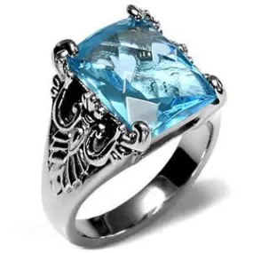 CJ7706OS Wholesale - Stainless Steel Ornate Aquamarine Retangle CZ Cocktail Ring