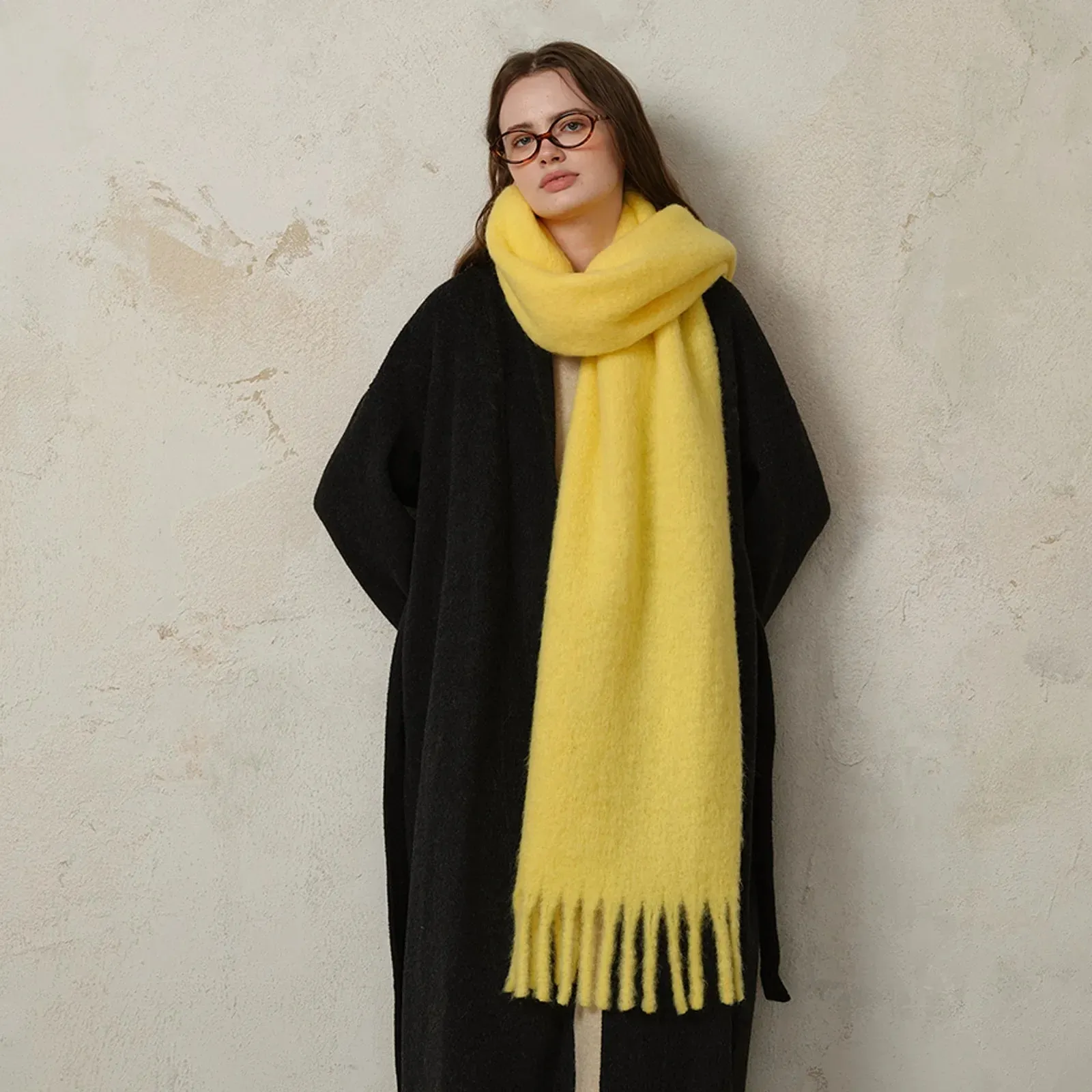 Classic Wool Blend Solid Tassel Winter Scarf for Women