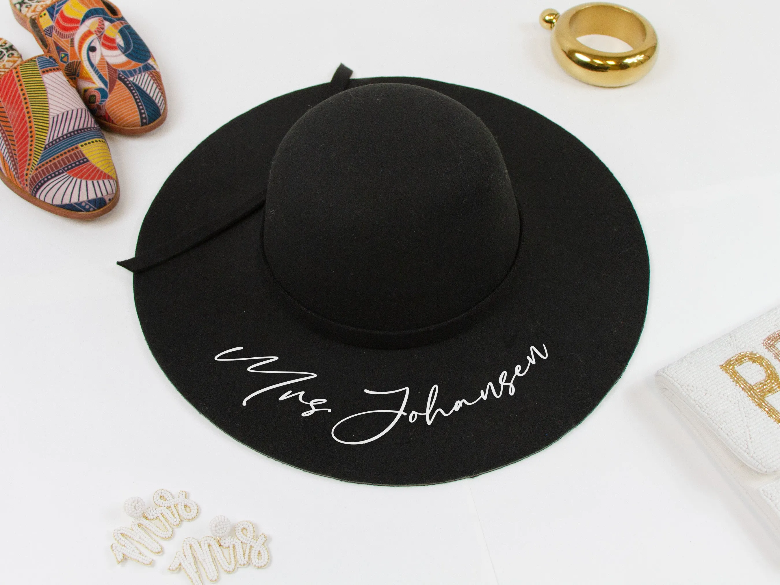 Custom Wedding Black Felt Sun Hat