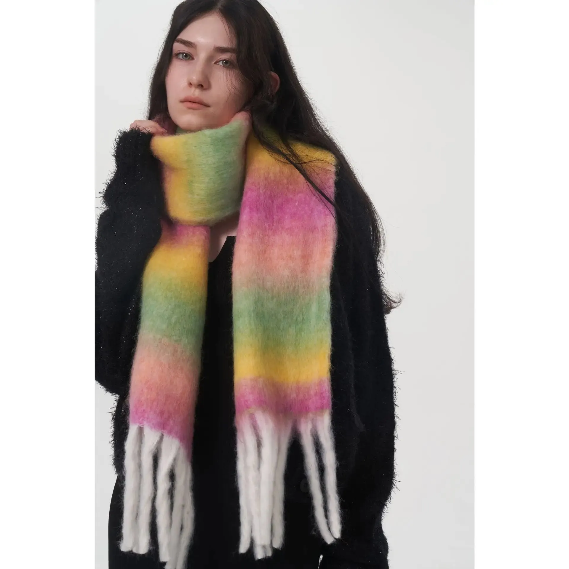 Design Light Luxury Models Gradient Color Wool Striped Fringed Mohair Scarf