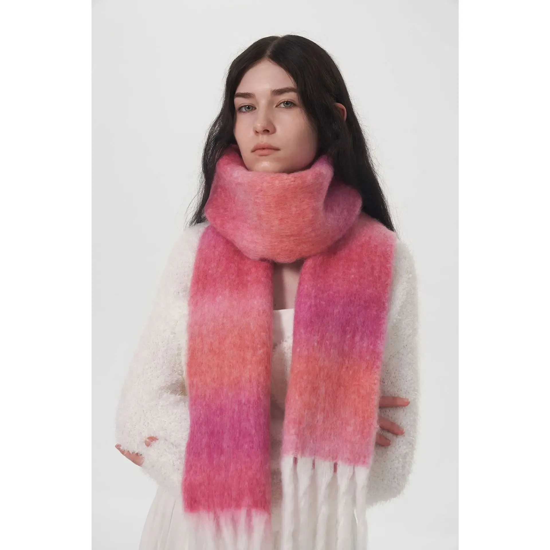 Design Light Luxury Models Gradient Color Wool Striped Fringed Mohair Scarf