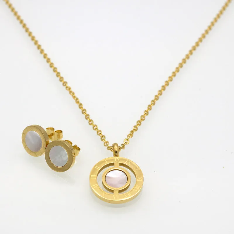 Fashion Women Roman Letter 18K Gold Plated Natural Pearl Shell Wedding Jewelry Sets With Necklace Earrings