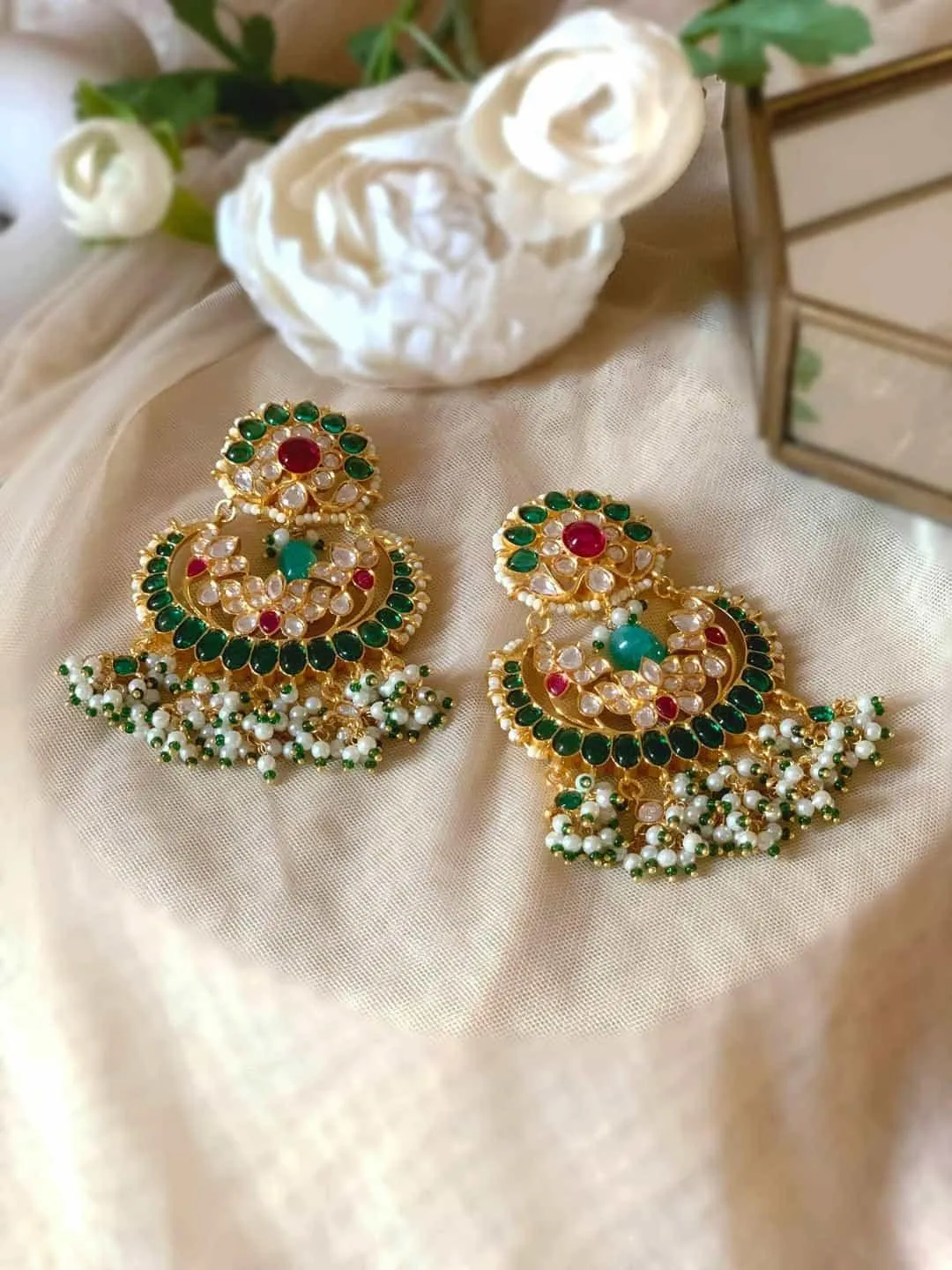 Floral Polki Kundan Chandbali Earring Green