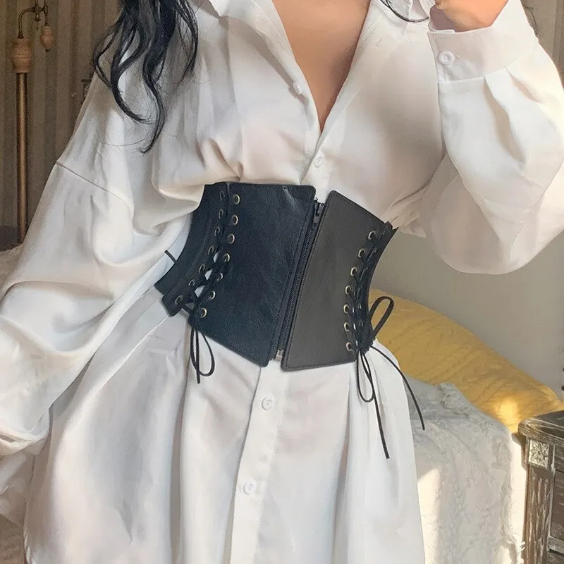 Getadme Fashion Punk Corset Wide Belts Women Slimming Body Elastic Bustier Waistband PU Leather Hip Hop Gothic Dress Girdle Body Shaper