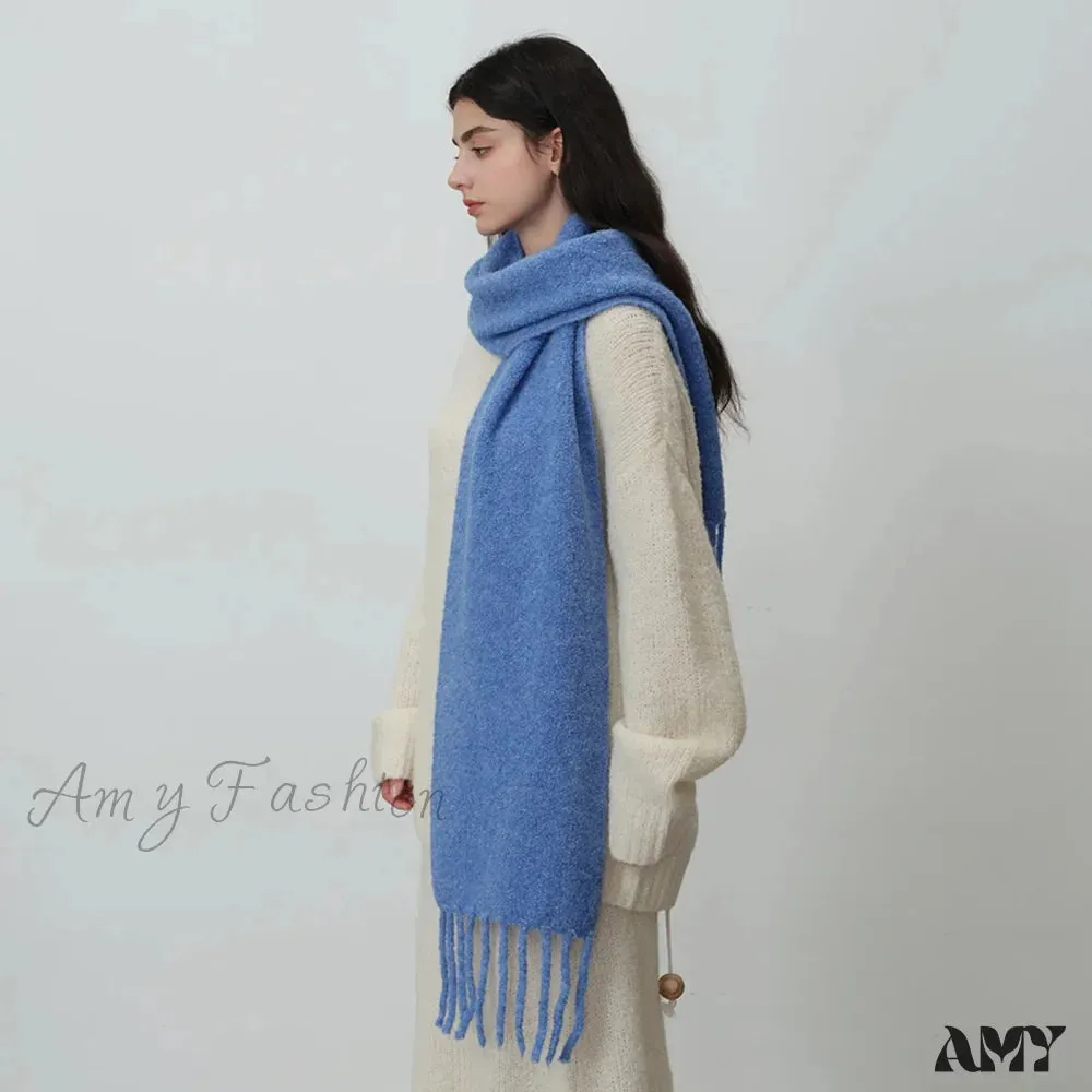 Glacier Blue Knitted Wool Scarf with Tassels for Women