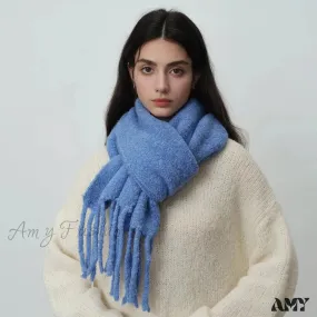 Glacier Blue Knitted Wool Scarf with Tassels for Women