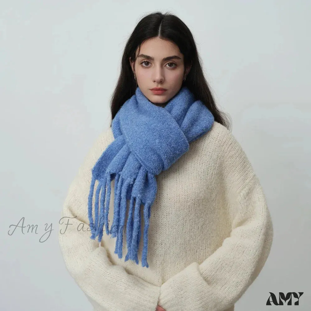 Glacier Blue Knitted Wool Scarf with Tassels for Women