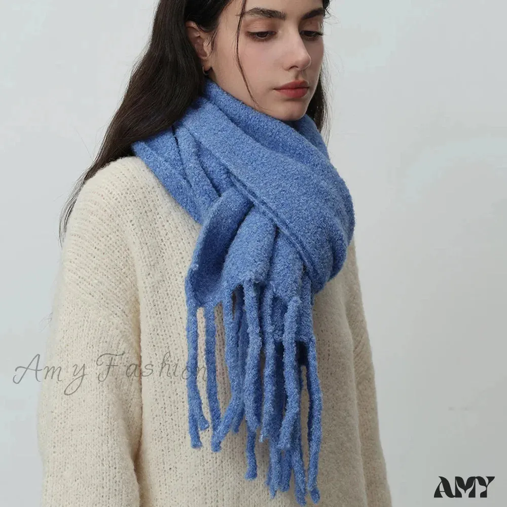 Glacier Blue Knitted Wool Scarf with Tassels for Women