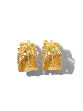 Gold Plume Hoop Post Earrings