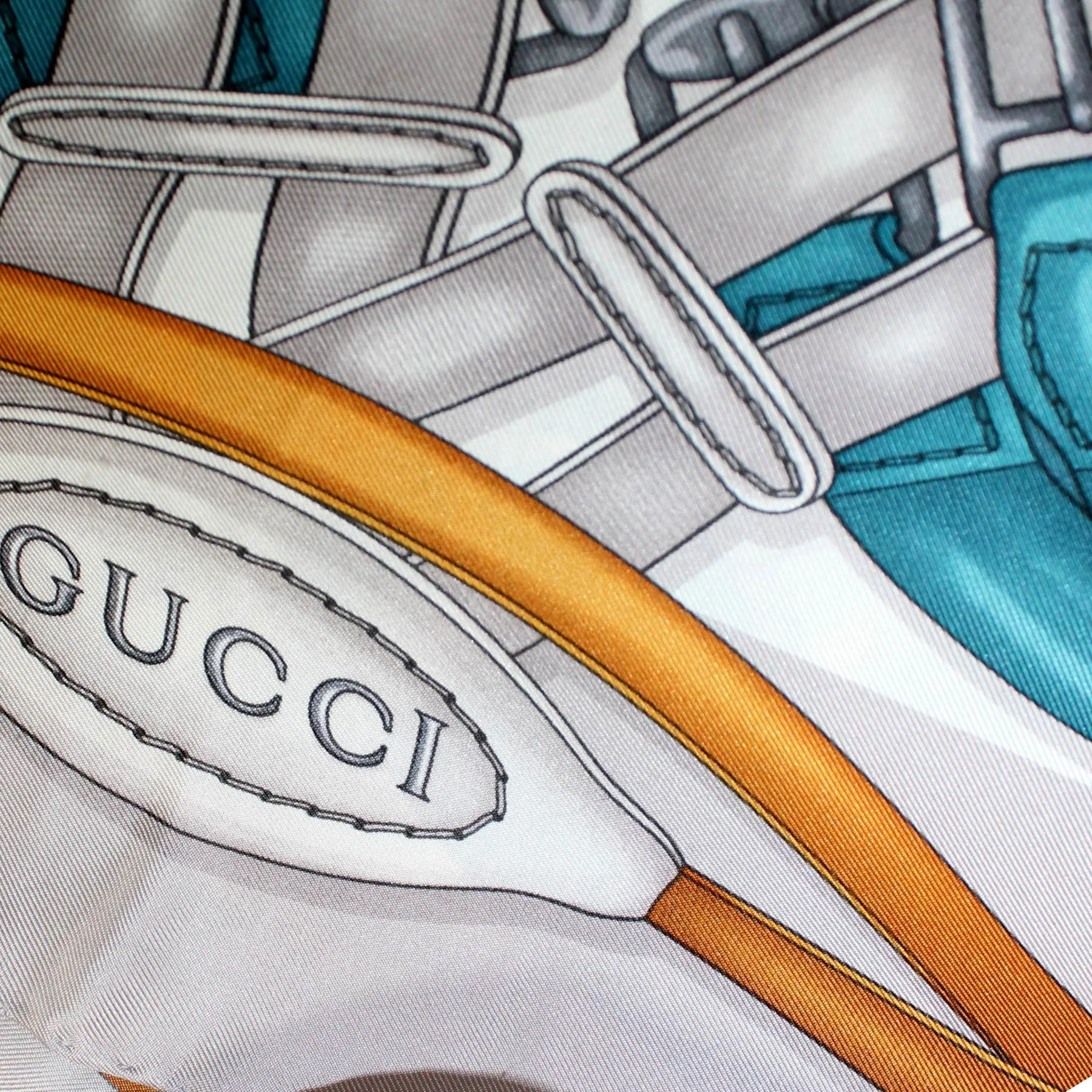 Gucci Scarf Gray Turquoise Brown Equestrian Design - 36 Inch Square Twill Silk Scarf