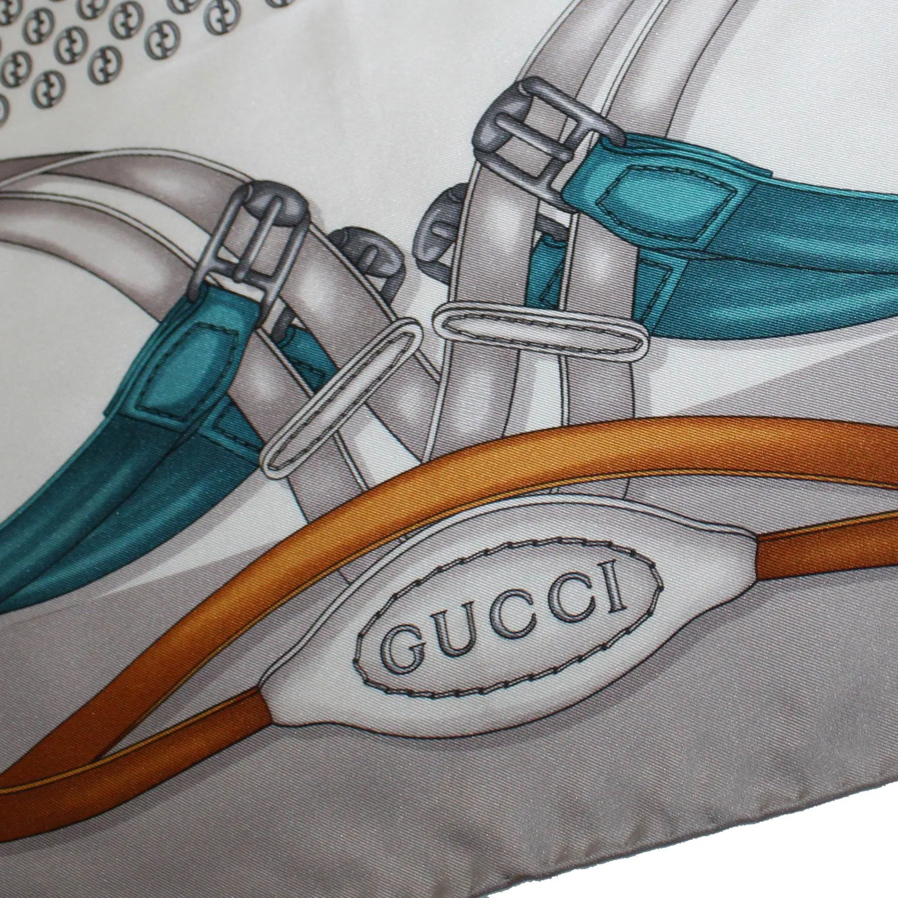 Gucci Scarf Gray Turquoise Brown Equestrian Design - 36 Inch Square Twill Silk Scarf