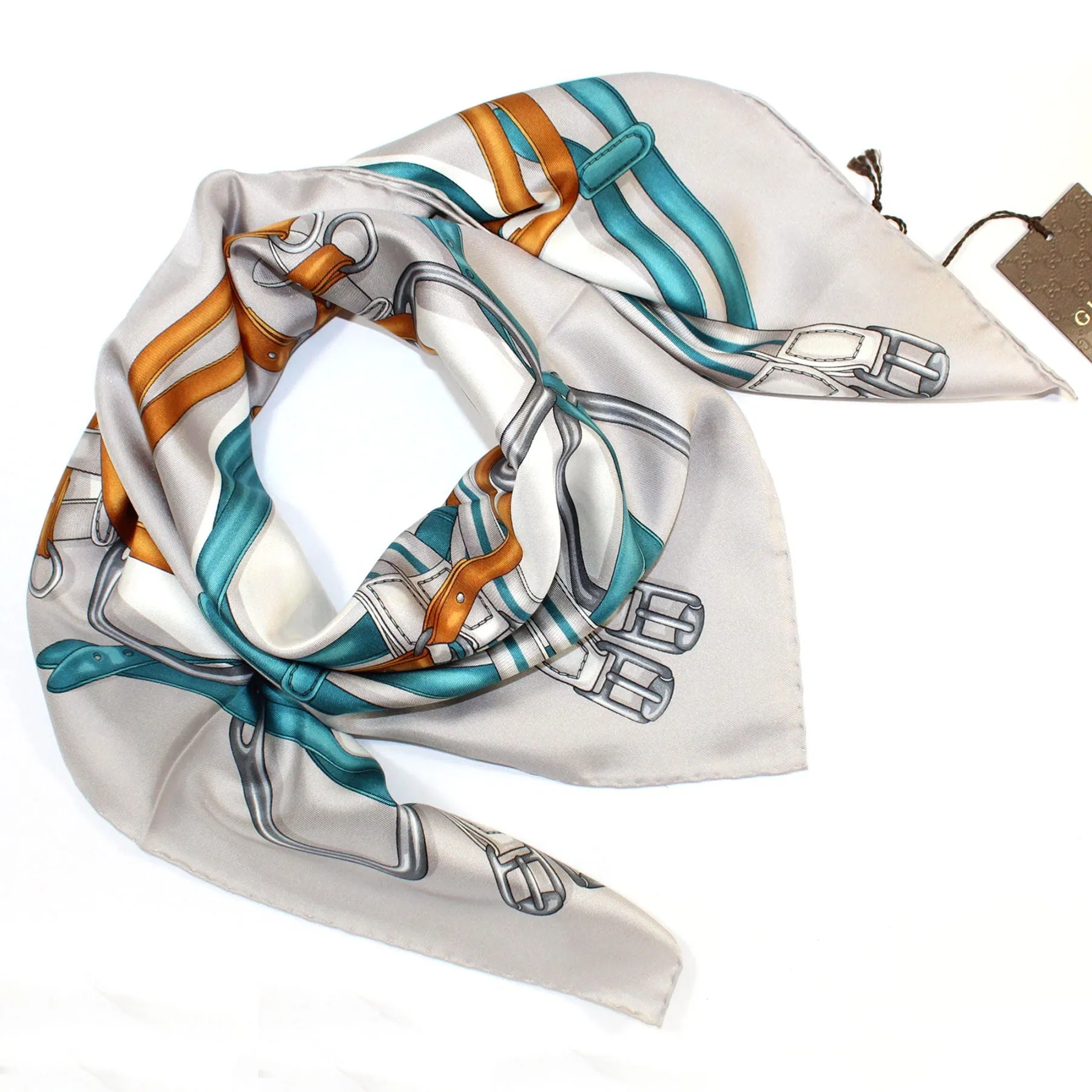 Gucci Scarf Gray Turquoise Brown Equestrian Design - 36 Inch Square Twill Silk Scarf