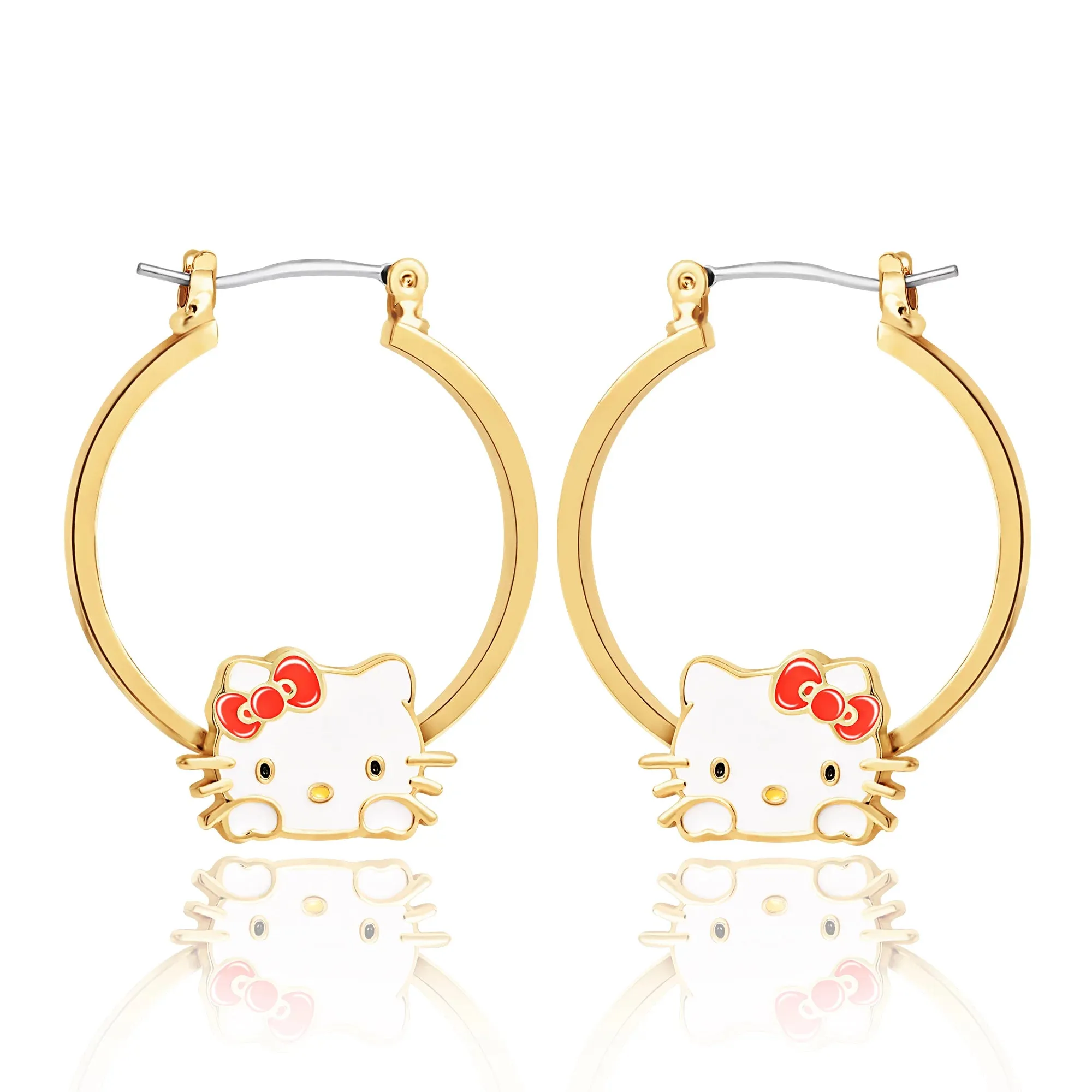 Hello Kitty Womens Hoop Earrings- Plated Gold and Enamel Hello Kitty Earrings- Hello Kitty Jewelry