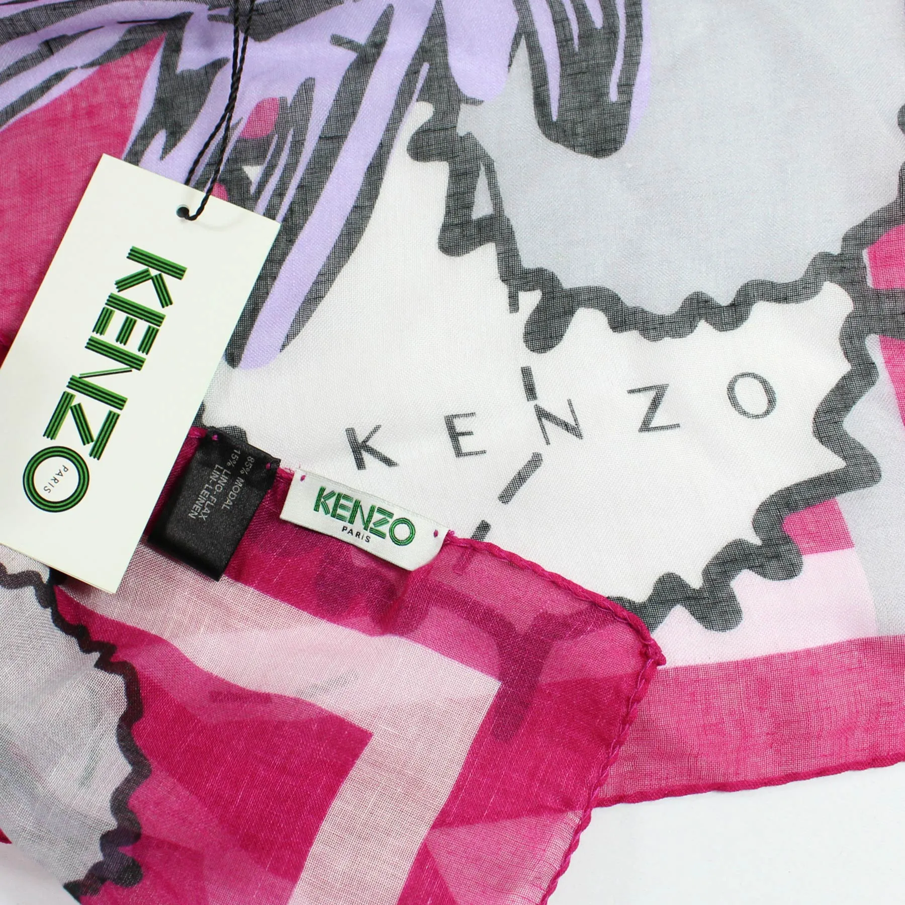 Kenzo Scarf Fuchsia Logo & Cactus Design - Extra Large Modal Linen Wrap FINAL Sale