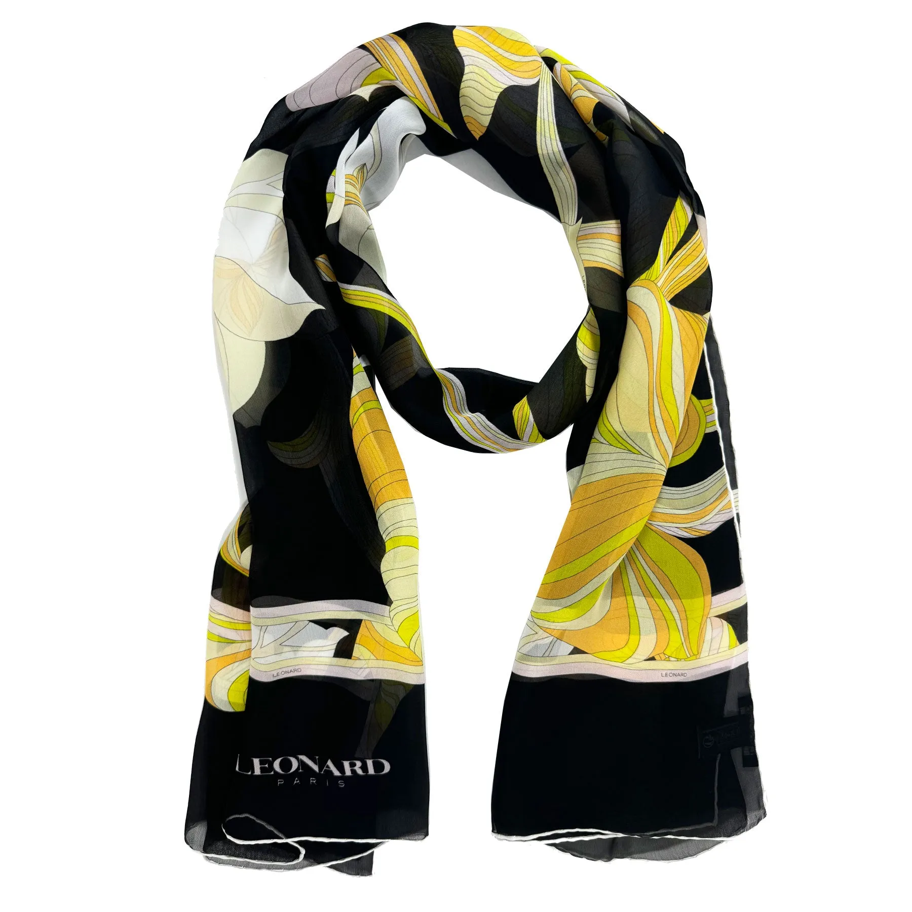 Leonard Paris Scarf Black Yellow Orange Floral Design - Chiffon Silk Shawl