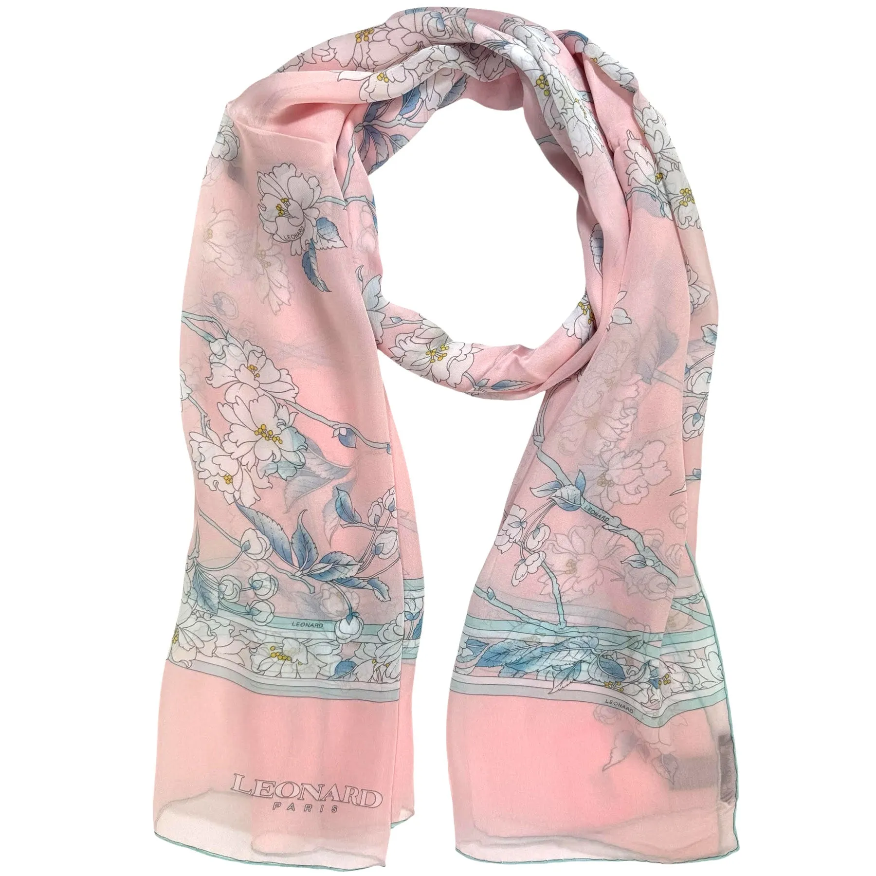 Leonard Paris Scarf Pink Floral Design - Chiffon Silk Shawl