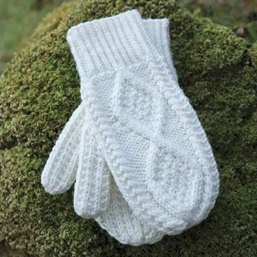 Merino Wool Knit Aran Mittens in White