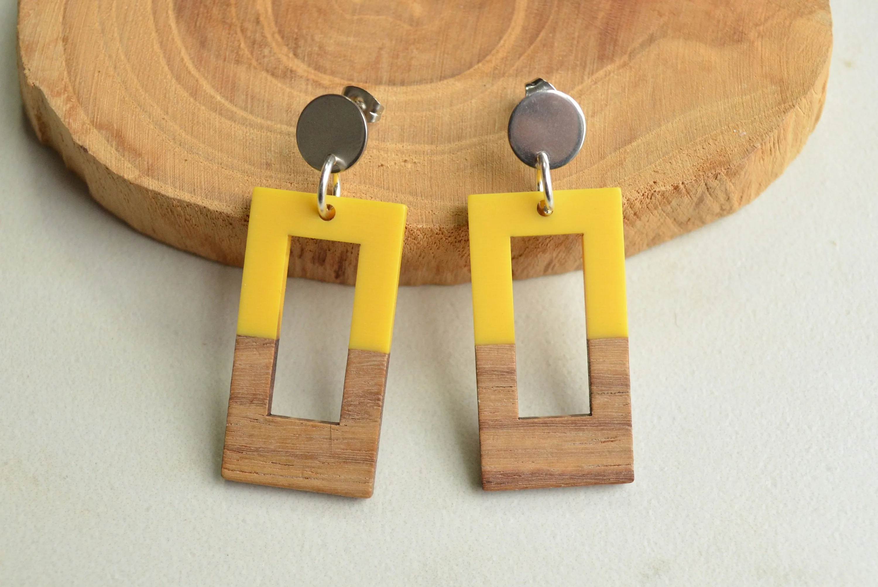 Mint Green Wood Lucite Dangle Rectangle Big Statement Earrings - Louise