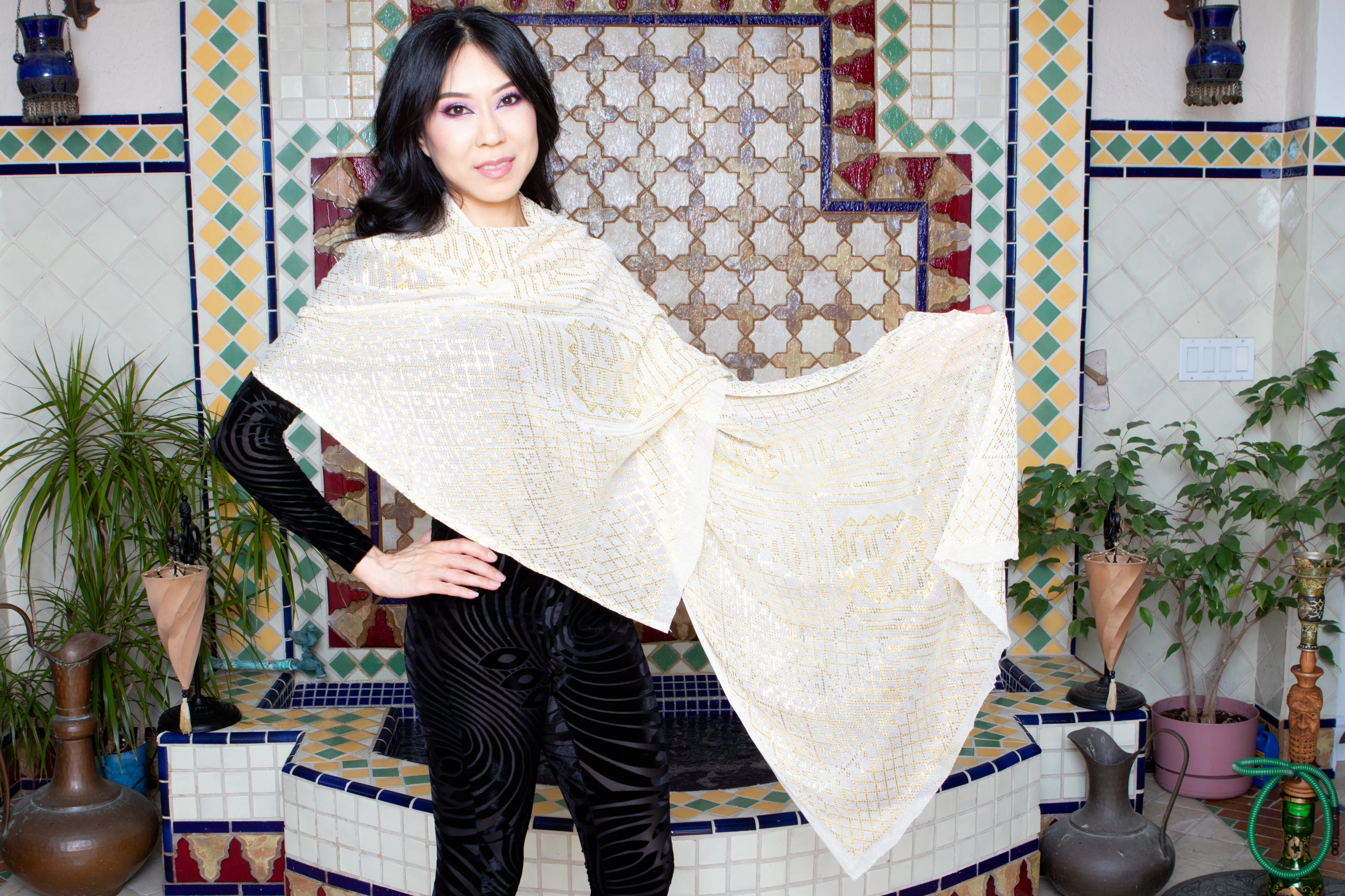 Modern White and Gold Assuit Shawl With Mixed Motif Design