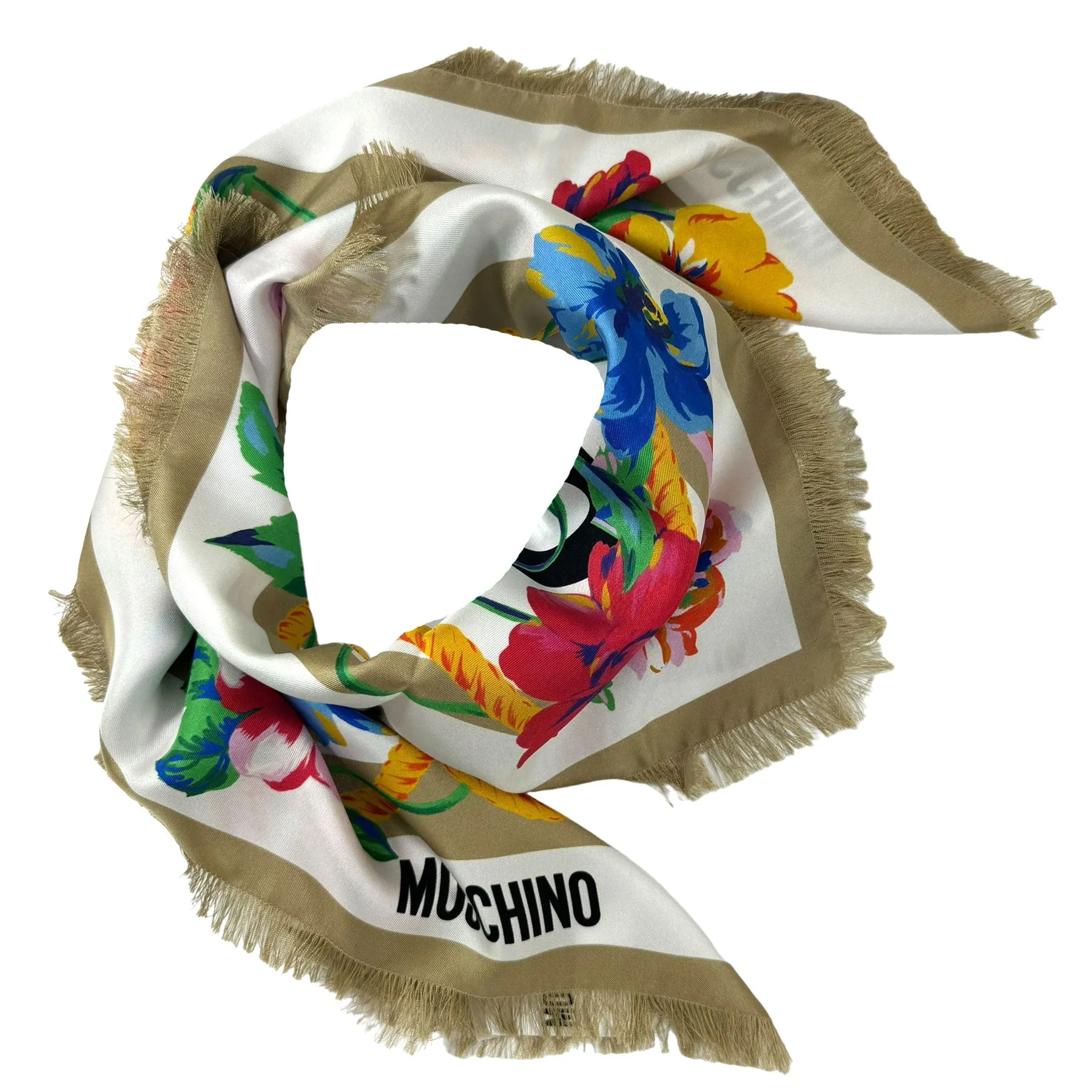 Moschino Scarf Ornamental Floral Taupe - Square Silk Foulard With Fringe