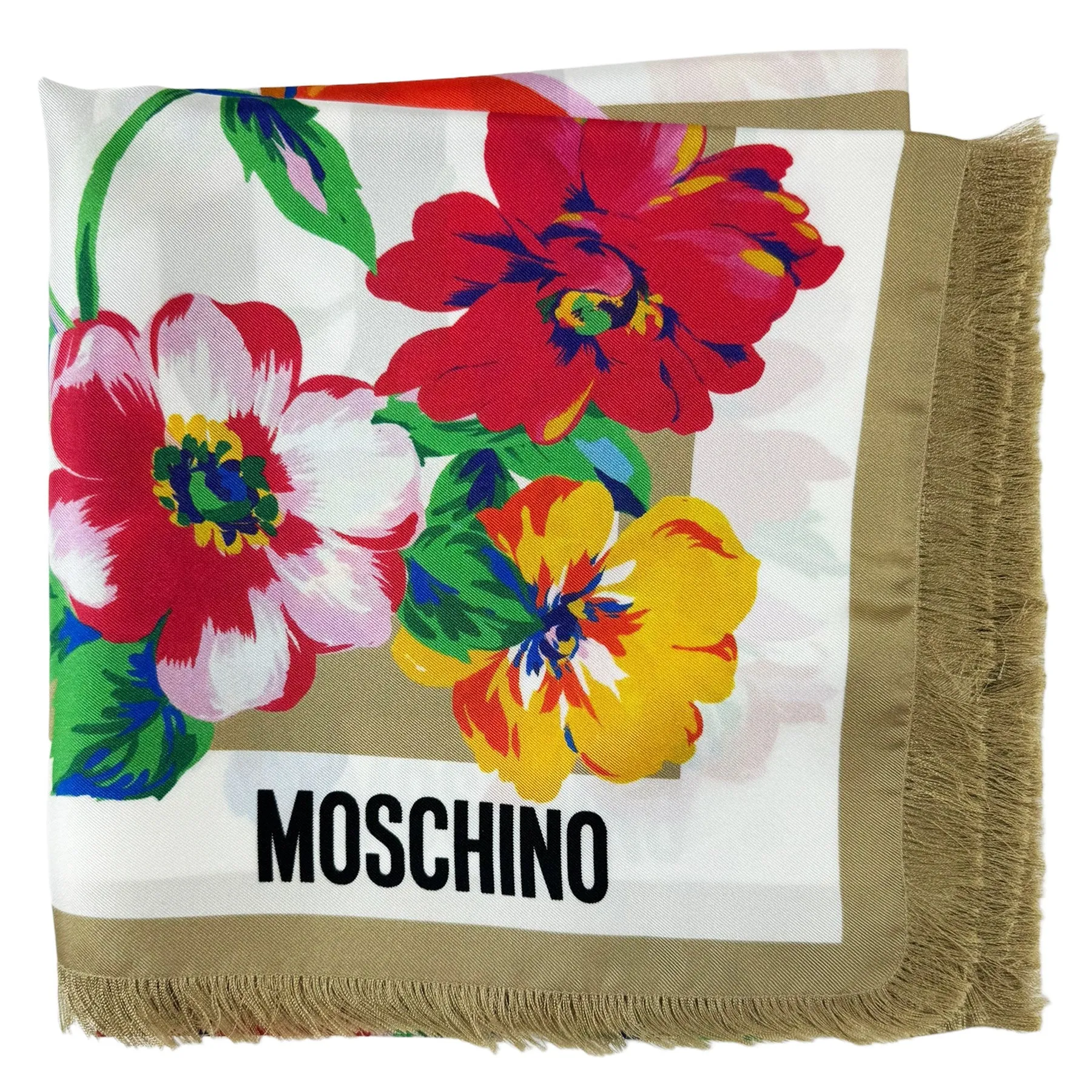 Moschino Scarf Ornamental Floral Taupe - Square Silk Foulard With Fringe