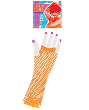 Neon Long Fingerless Fishnet Gloves - Orange