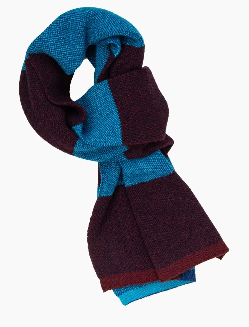 Petrol & Burgundy Melange Striped Knitted Wool & Cashmere Scarf