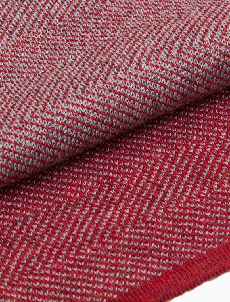 Red & Light Grey Reversible Herringbone Knitted Wool Scarf