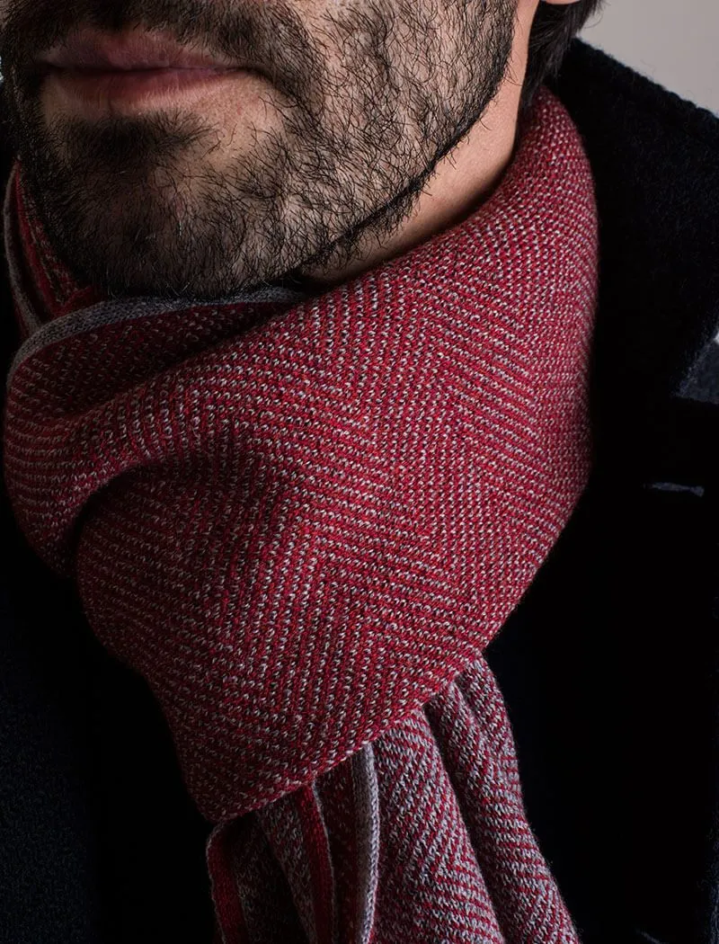 Red & Light Grey Reversible Herringbone Knitted Wool Scarf