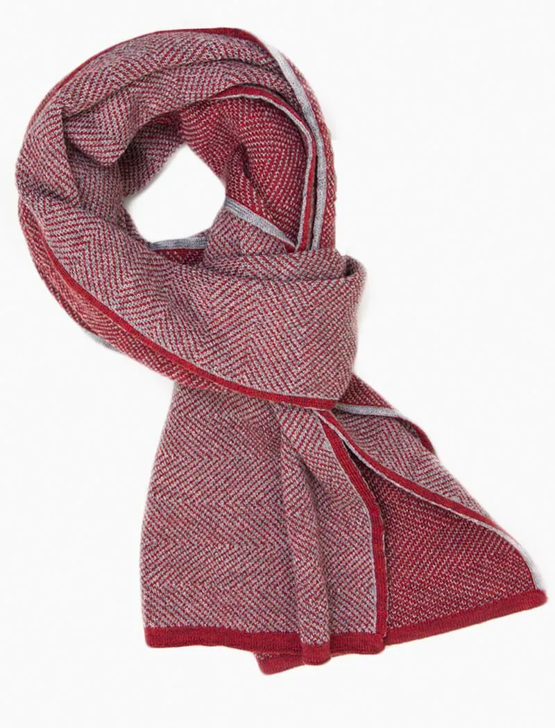 Red & Light Grey Reversible Herringbone Knitted Wool Scarf