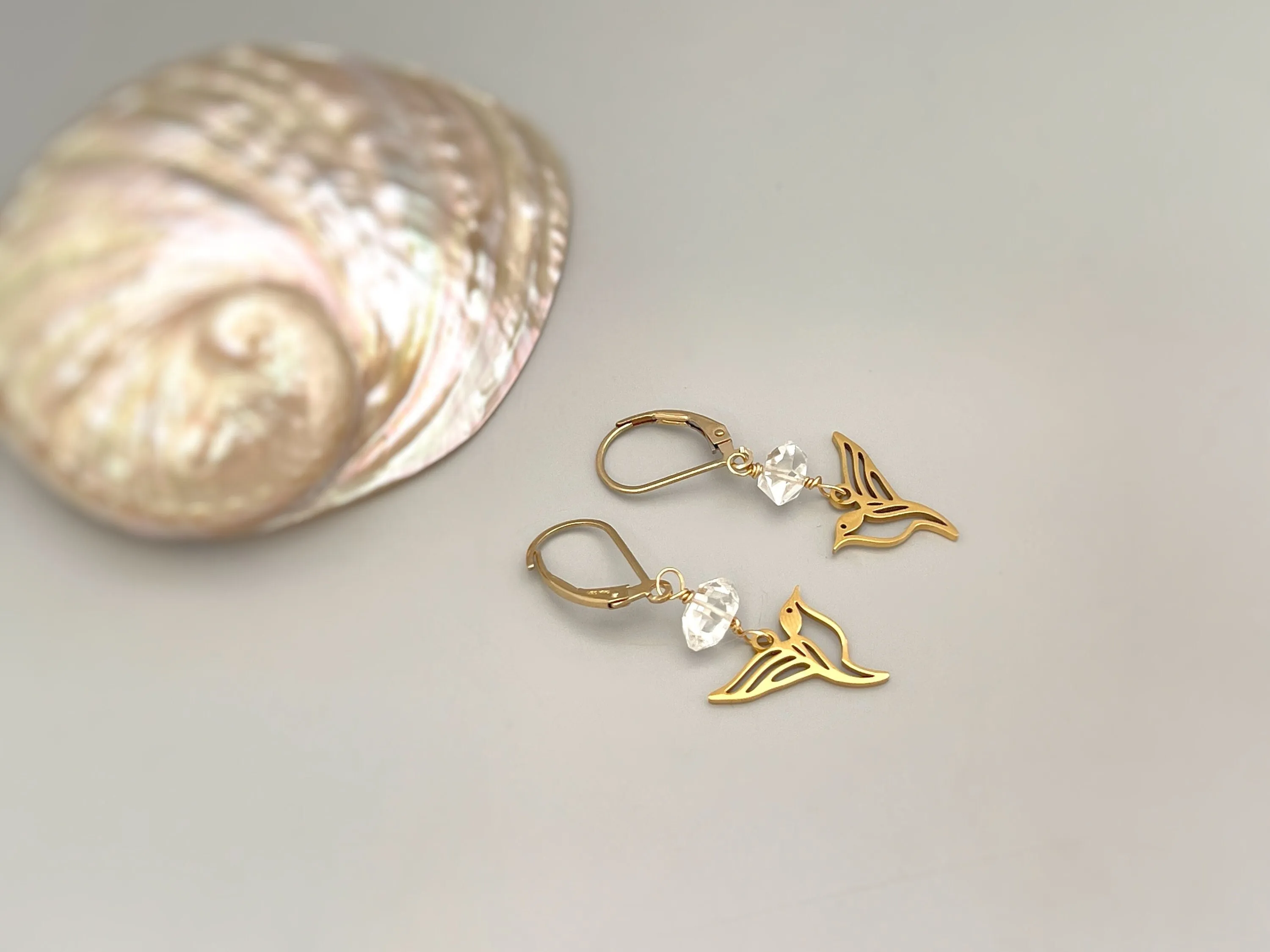 Silver Bird Earrings dangle silver Herkimer Diamond hummingbird Jewelry