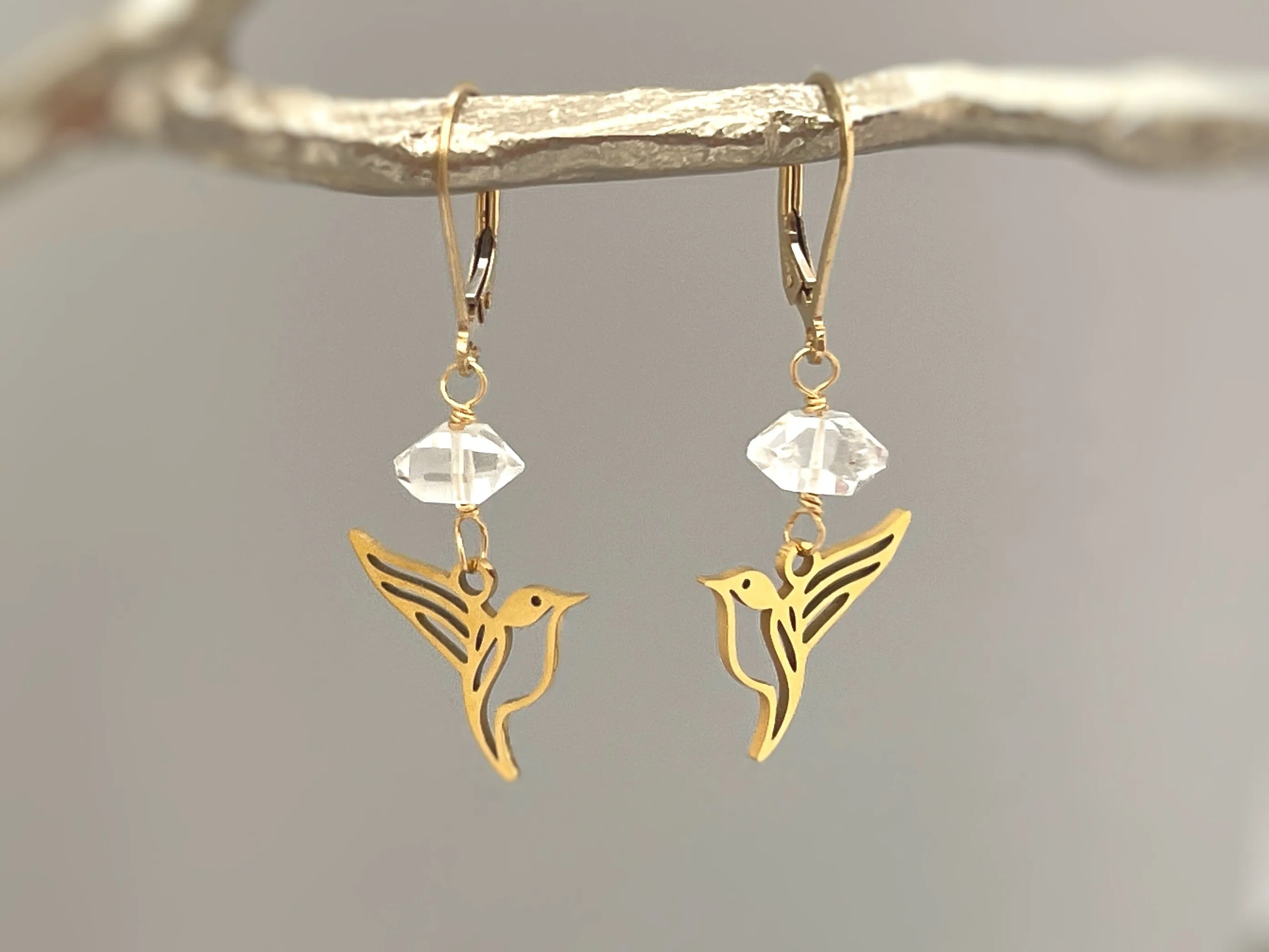 Silver Bird Earrings dangle silver Herkimer Diamond hummingbird Jewelry