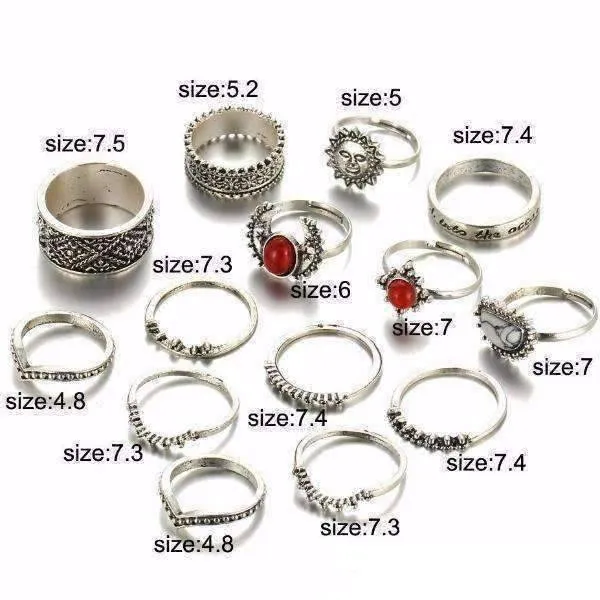 Sunrise Sunset Collection Boho Midi-Knuckle Rings Set of 14