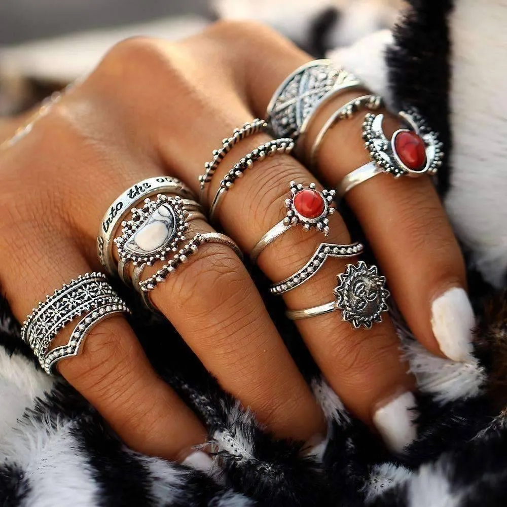 Sunrise Sunset Collection Boho Midi-Knuckle Rings Set of 14