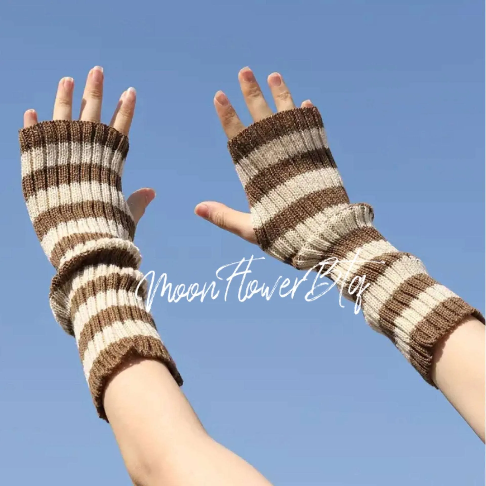 Tan Brown Long Ribbed Knit Fingerless Gloves