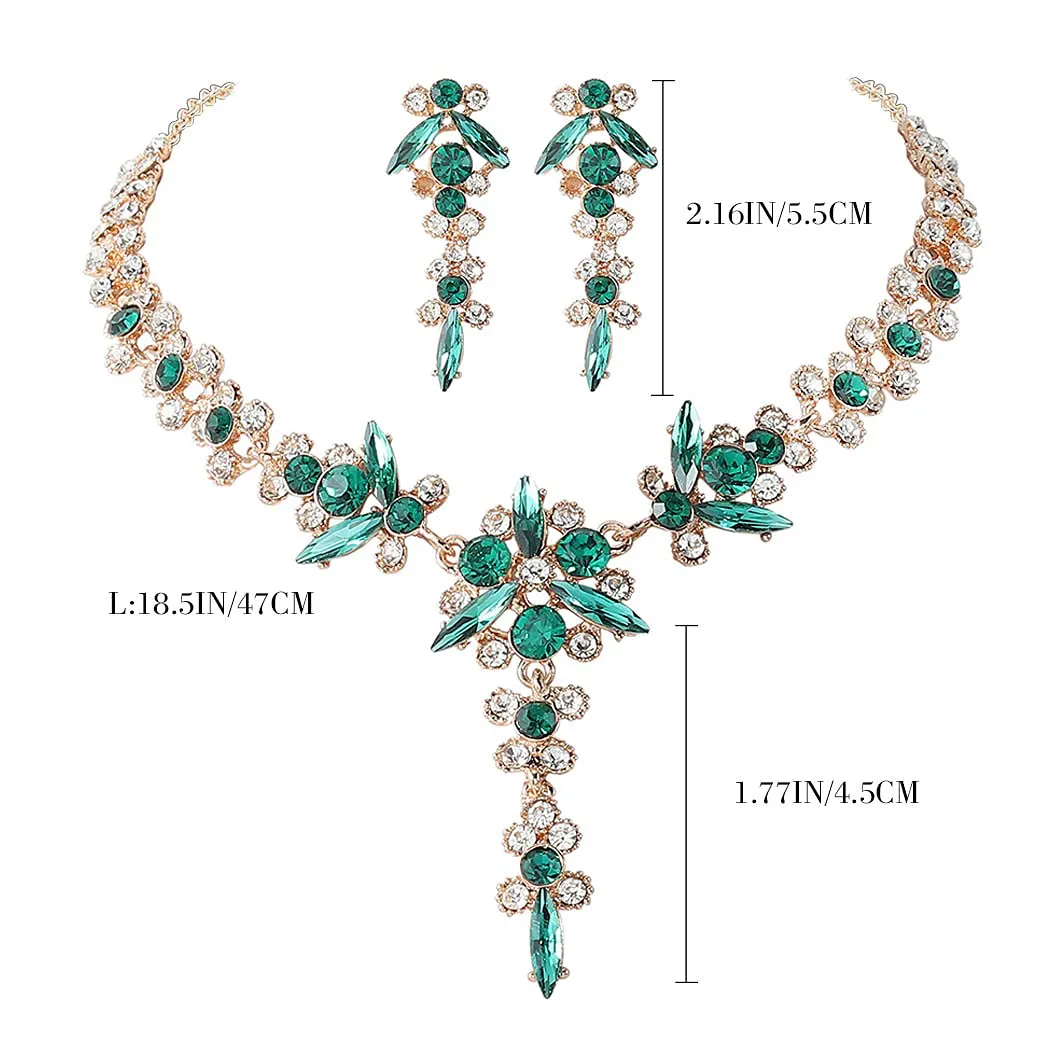 Unicra Bride Necklace Earrings Set Crystal Bridal Wedding Jewelry Sets Rhinestone Choker Necklace Prom Costume Jewelry for Women and Girls (Green)