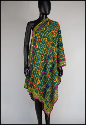 Vintage Indian Phulkari Green Embroidered Silk Wrap Shawl