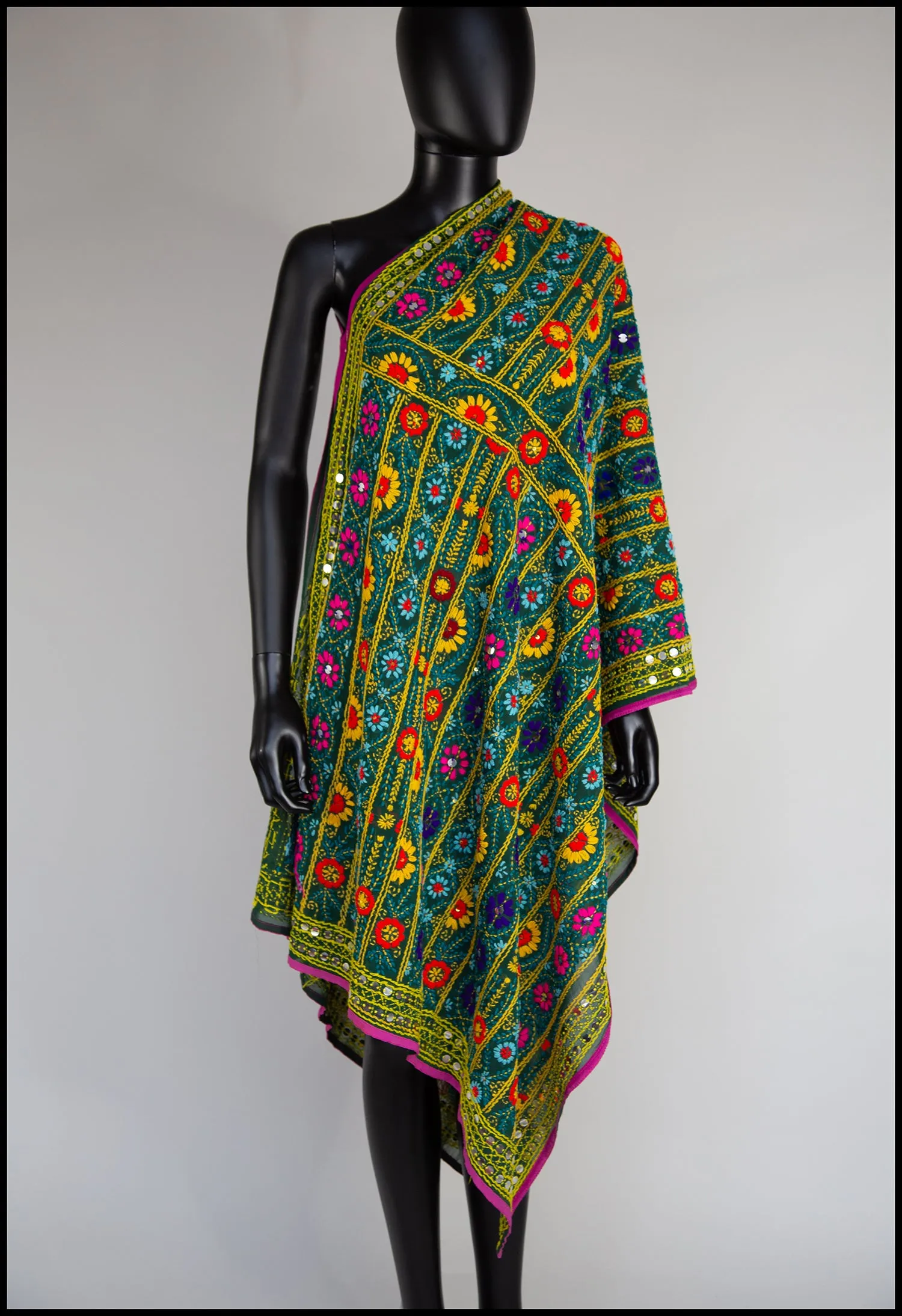 Vintage Indian Phulkari Green Embroidered Silk Wrap Shawl