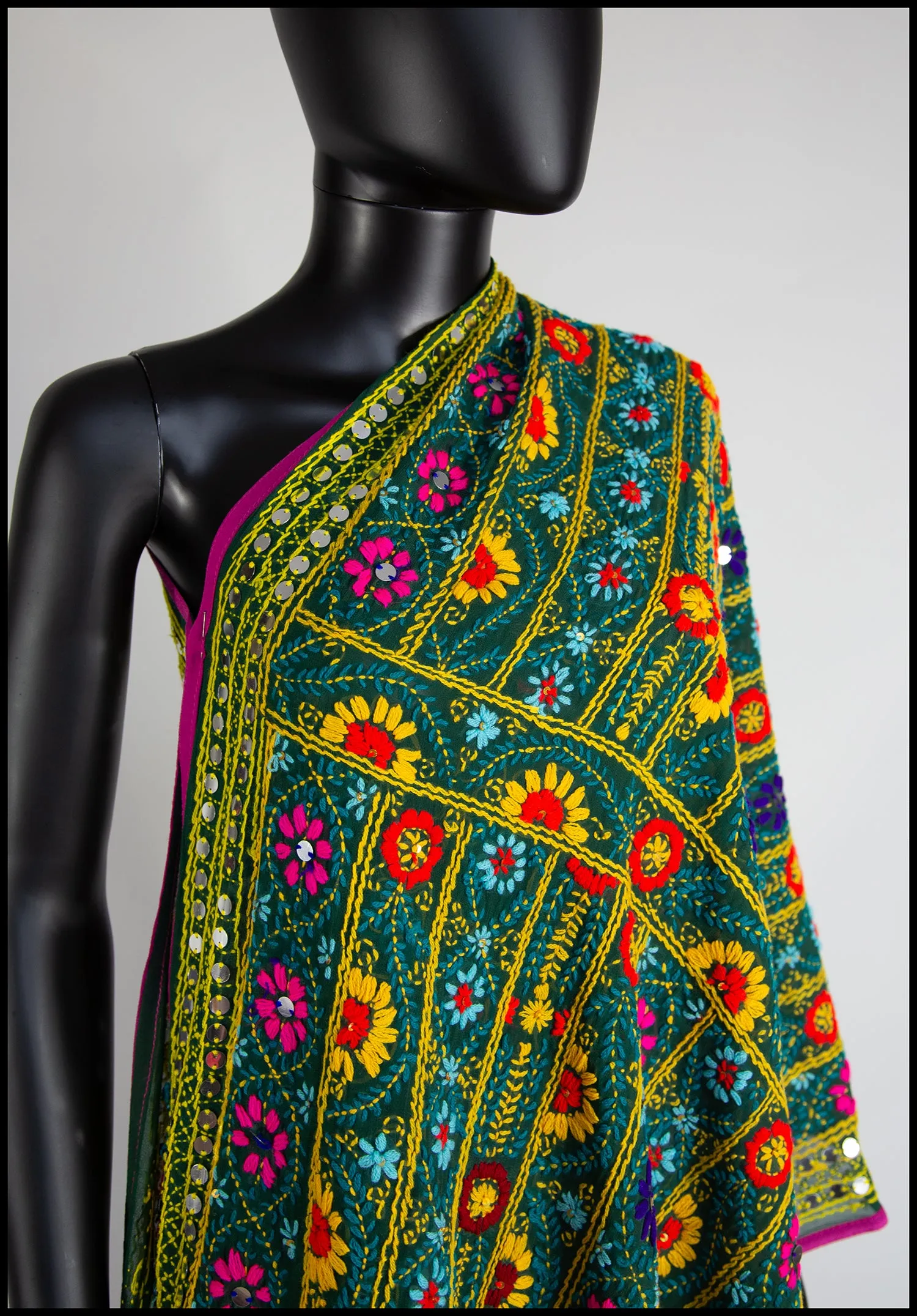 Vintage Indian Phulkari Green Embroidered Silk Wrap Shawl