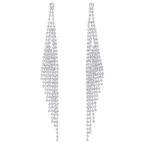 Wedding Rhinestone Cluster Long Chain Tassel Waterfall Dangle Drop Statement Earrings, Sparkling